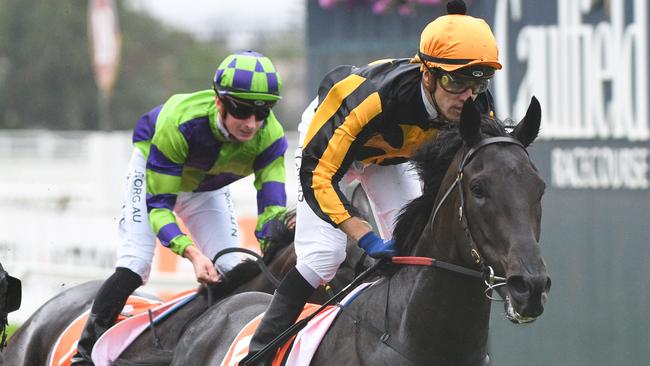 Jockey Jordan Childs aboard Nonconformist winning at Caulfield. Picture: Vince Caligiuri