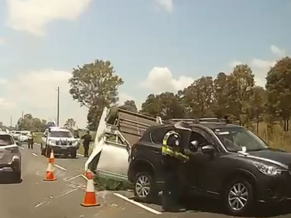 Motorists should expect delays after a caravan rolled on its roof on the Brisbane Valley Highway outside Esk. Photo: contributed