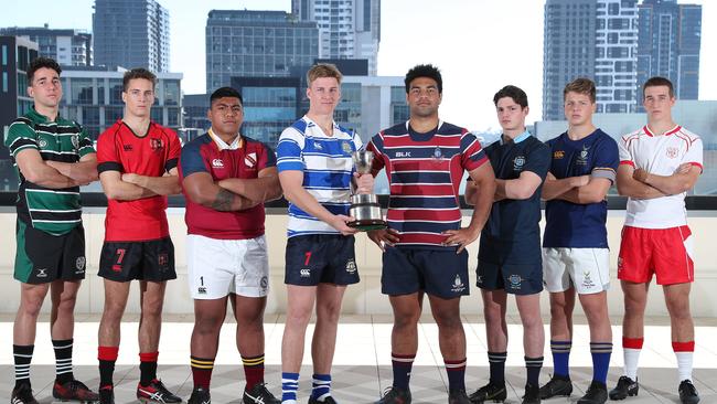 GPS rugby season launch with captains of all the schools in playing kit, South Brisbane. BBC Jacob Blyton, GT Lewis Jorgensen, BSHS Linston Tafa-Tuimavave, NC Mitch Lowrie (with trophy), TSS Zane Nonggorr, BGS Ben Hains, ACGS Aidan King, IGS Jack Webber. Picture: Liam Kidston.