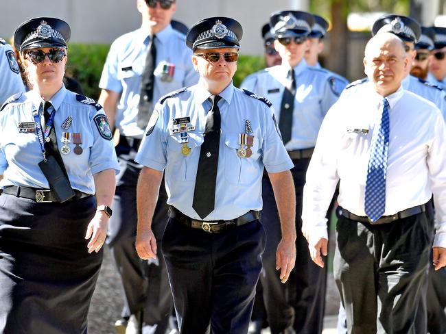 Mourners at the memorial service with full police honours for constables Rachel McCrow and Matthew Arnold at Brisbane Entertainment Centre. Picture: John Gass/NCA NewsWire