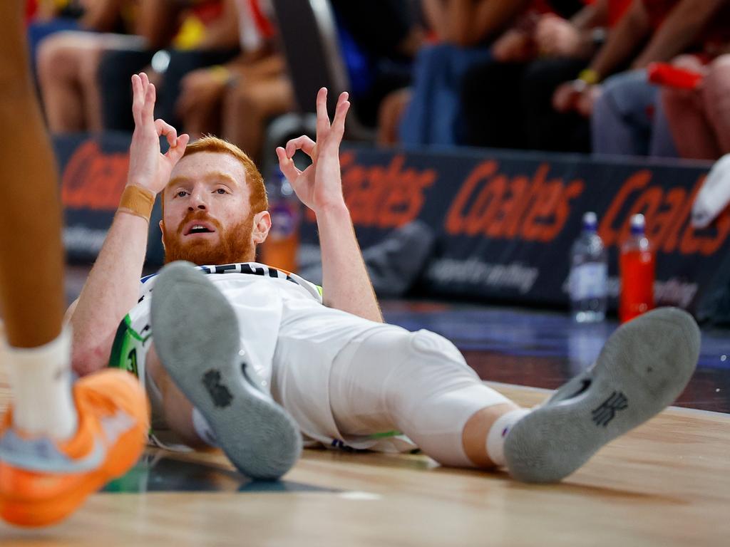 Angus Glover celebrates after one of his five first-half threes. Picture: Getty Images