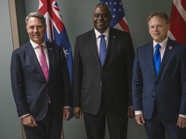 Australian Defence Minister Richard Marles with his US and UK counterparts Lloyd Austin and Grant Shapps at an AUKUS meeting earlier this month. Picture: Supplied