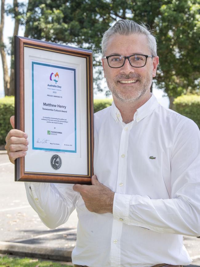 Toowoomba Cultural Award winner Matthew Henry. Australia Day celebrations at Picnic Point in Toowoomba. Thursday, January 26, 2023. Picture: Nev Madsen.