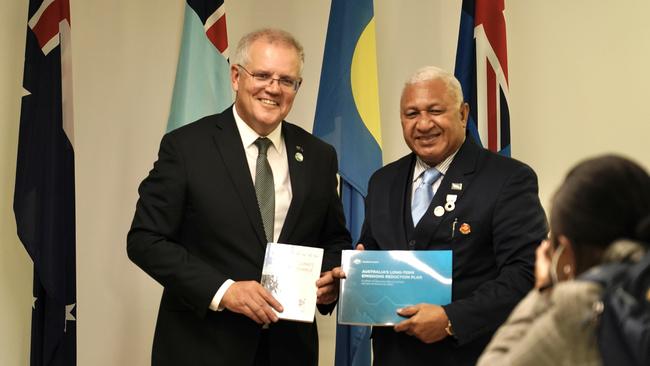 Prime Minister Scott Morrison with Fijian Prime Minister Josaia Voreqe “Frank” Bainimarama, Picture: Adam Taylor