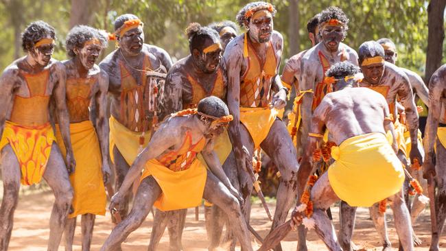 Gumatj dancers perform in Yunupingu’s honour. Picture: Peter Eve / Yothu Yindi Foundation