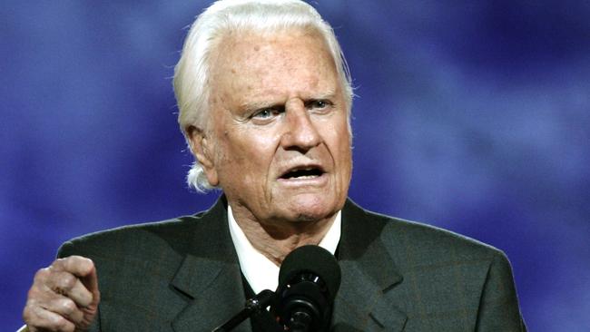 Billy Graham delivers his message at the Billy Graham Crusade at Flushing Meadows Park in 2005. Picture: AFP.