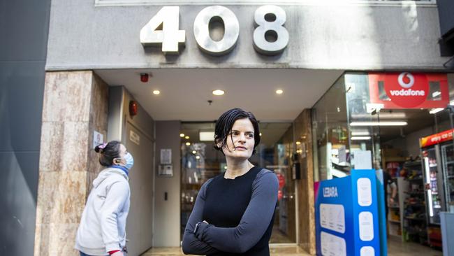 Sarah Paparo is irate residents at her apartment building are being exposed to medical waste from the neighbouring Novotel quarantine hotel. Picture: Aaron Francis