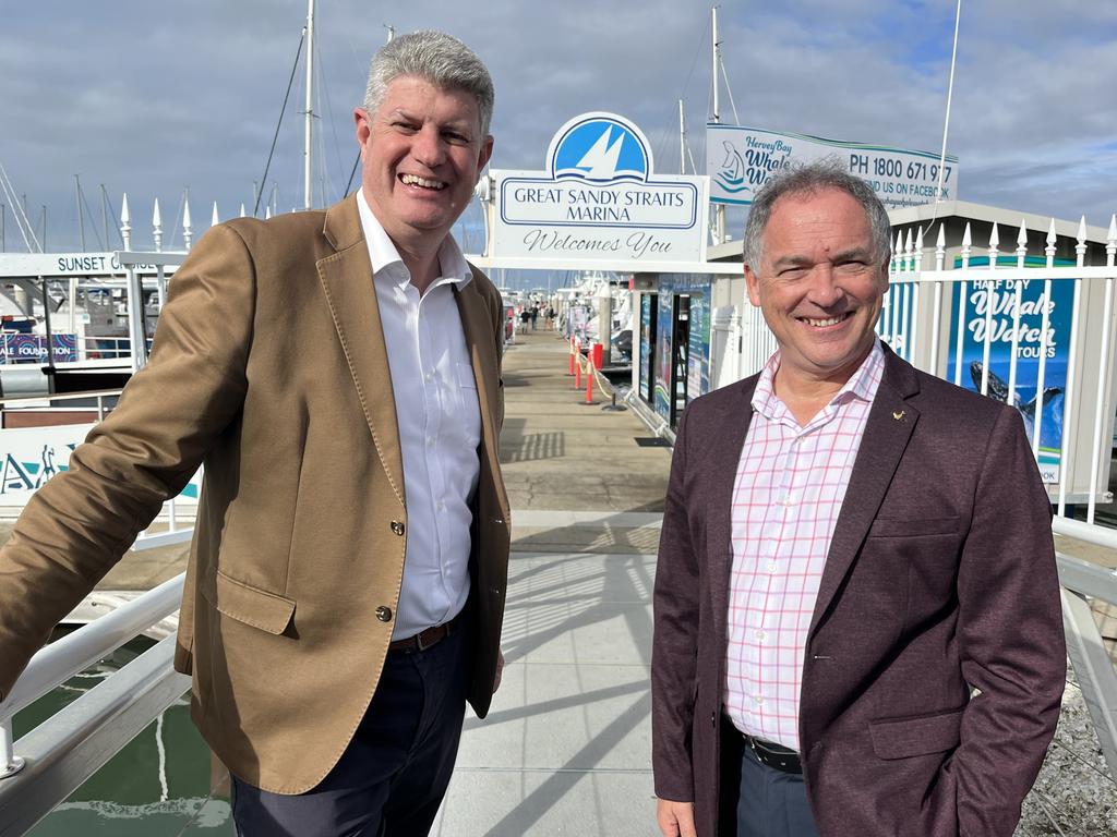 Tourism Minister Stirling Hinchliffe and Hervey Bay MP Adrian Tantari at the launch of the whale watching season at Urangan Marina.