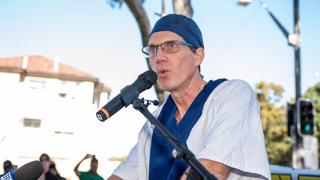 Dr Michael Solomon speaking at a rally in support of saving cardiac surgery at the Sydney Children's Hospital in 2019. Picture: Flavio Brancaleone