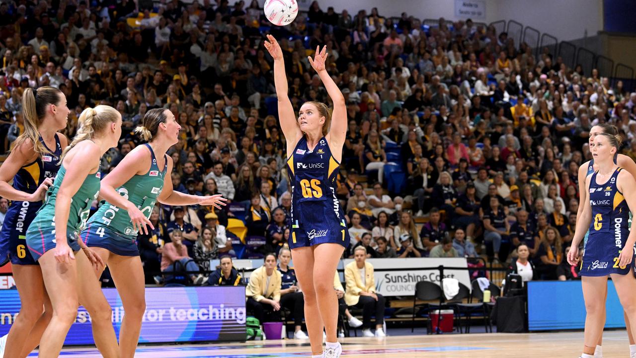 Steph Wood of the Lightning shoots during the round nine Super Netball match between Sunshine Coast Lightning and Melbourne Vixens. Photo: Getty Images