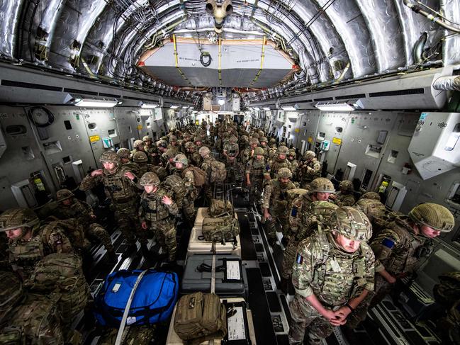 Members of the British Army, from 16 Air Assault Brigade, disembark from an RAF Voyager aircraft after landing in Kabul, Afghanistan. Picture: AFP