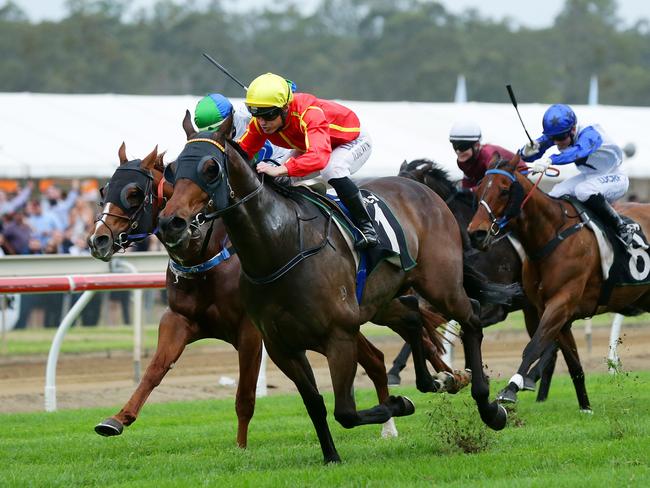 Damian Browne pushes out Ninth Legion to win the Eye Liner Stakes. Picture: Liam Kidston