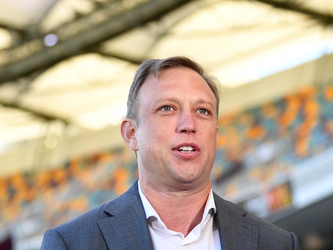 BRISBANE, AUSTRALIA - NewsWire Photos - APRIL 20, 2021. Queensland Deputy Premier Steven Miles speaks during a press conference at the Gabba in Brisbane. The government announced a complete rebuild of the Gabba, being the proposed main stadium should Queensland host the 2032 Olympic and Paralympic Games.Picture: NCA NewsWire / Dan Peled