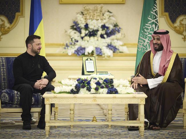 I Ukrainian President Volodymyr Zelenskyy meets with Saudi's Crown Prince Mohammed bin Salman at the Royal Palace in Riyadh, Saudi Arabia. Picture: Ukrainian Presidential Press Office via AP