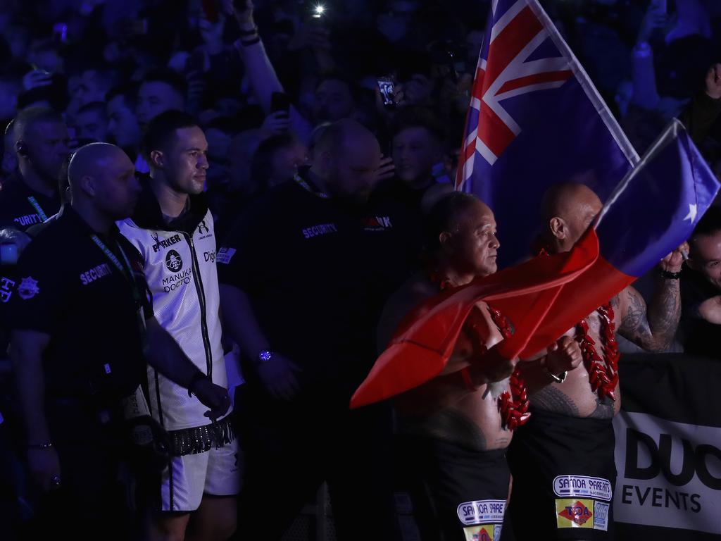 Fighting under two flags: Parker walks to the ring with the New Zealand and Samoan flags ahead of his 2018 heavyweight blockbuster against Anthony Joshua. Picture: Richard Heathcote/Getty Images