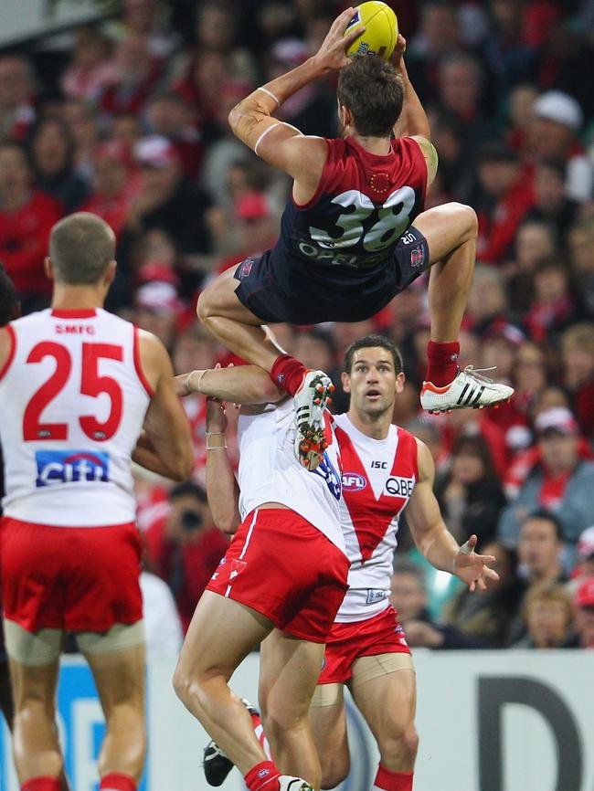 This grab over Heath Grundy was the 2012 Mark of the Year. Picture: Getty Images