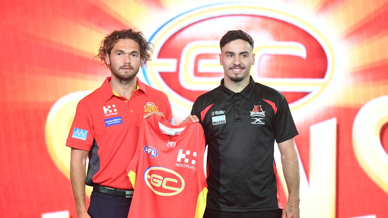 Izak Rankine (right) at the 2018 AFL Draft in Melbourne. Picture: James Ross