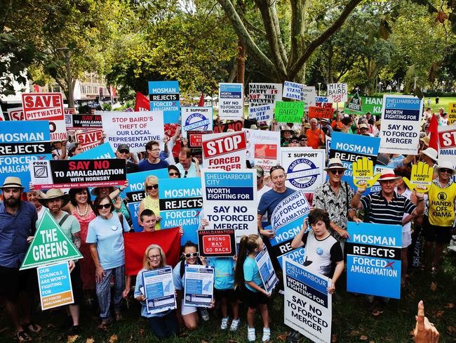 Anti-merger supporters from councils across NSW unit at the Save Our Councils Coalition “Local Democracy — Not Dictatorship” rally at Hyde Park in Sydney in March. Picture: Braden Fastier