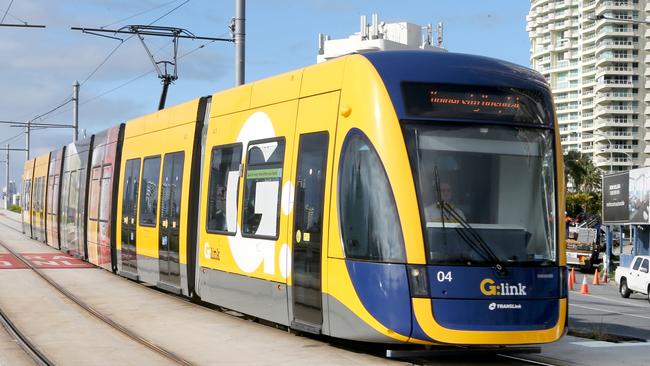 Gold Coast tram on the Southport Bridge. Picture Mike Batterham