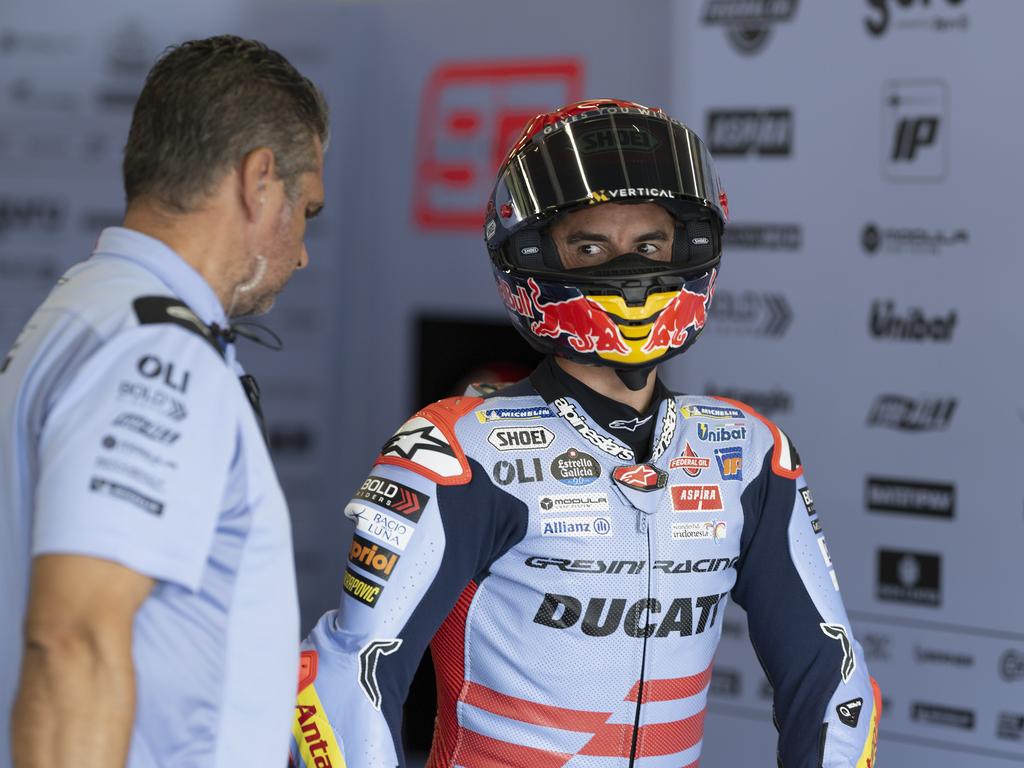 NORTHAMPTON, ENGLAND - AUGUST 02: Marc Marquez of Spain and Gresini Racing MotoGP looks on in box during the MotoGP Of Great Britain - Free Practice at Silverstone Circuit on August 02, 2024 in Northampton, England. (Photo by Mirco Lazzari gp/Getty Images)