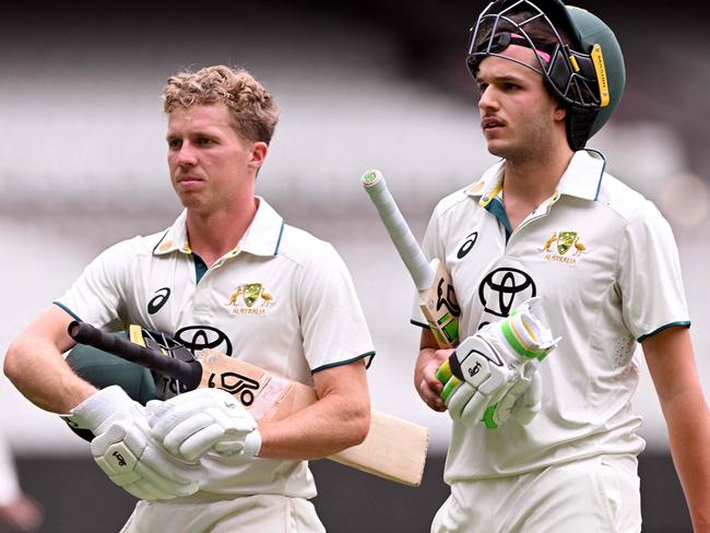 Nathan McSweney and Sam Konstas after batting together for Australia A.