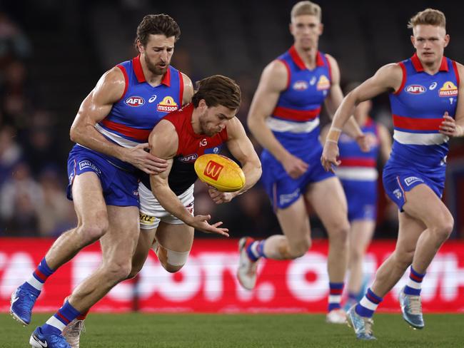 Marcus Bontempelli stops Jack Viney in his tracks. Picture: Darrian Traynor/Getty Images