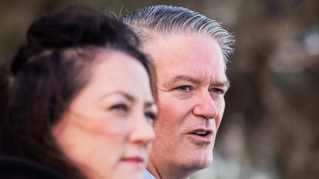 Mathias Cormann with his wife Hayley as he announced his retirement from federal politics in 2020. Picture: Tony McDonough