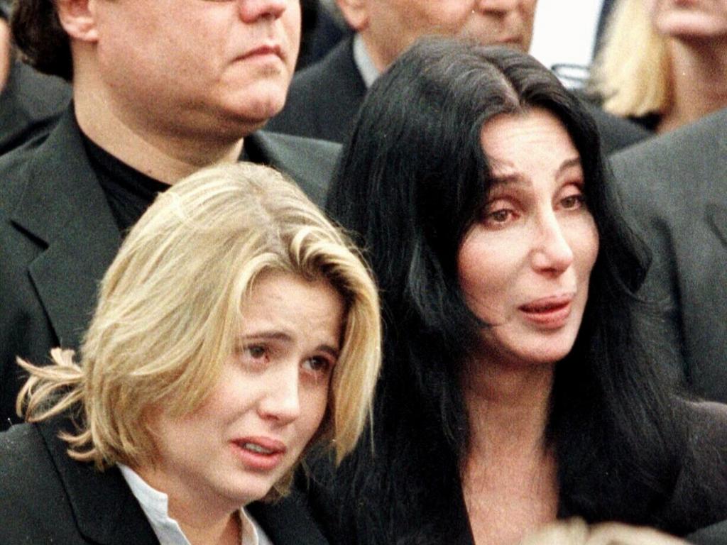 Cher with Chaz Bono at Sonny Bono’s funeral in 1998.