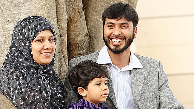 Mohamed Haneef with wife Firdous Arshiya and daughter Haniya Kulthm. Picture: Lyndon Mechielsen