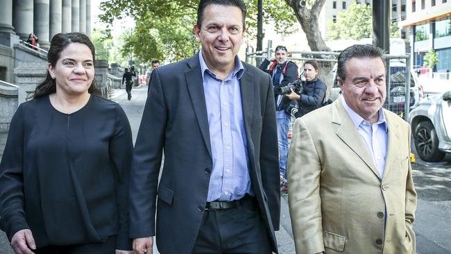 SA Best leader Nick Xenophon and the party's newly elected members of the Legislative Council, Connie Bonaros and Frank Pangallo. Picture: Mike Burton