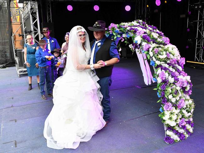 Simone Ward and Geoffrey Borninkhof, were married on The Hill Stage at Gympie Music Muster. Picture: Patrick Woods.