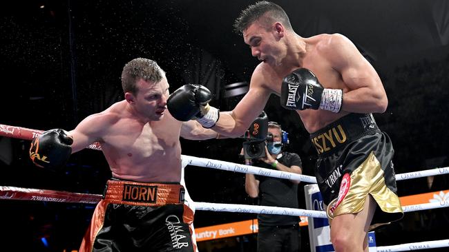 Tim Tszyu lands a punch on Jeff Horn during the WBO Global &amp; IBF Australasian Super Welterweight title bout. Picture: Bradley Kanaris/Getty Images