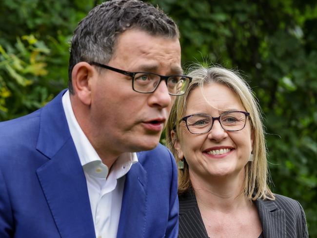 MELBOURNE, AUSTRALIA - NewsWire Photos NOVEMBER 27, 2022 : Victorian Premier Daniel Andrews and Deputy Premier Jacinta Allan hold a press conference in the gardens of Parliament House, after Labor was re elected in the state election for a third time yesterday.Picture NCA NewsWire / Ian Currie