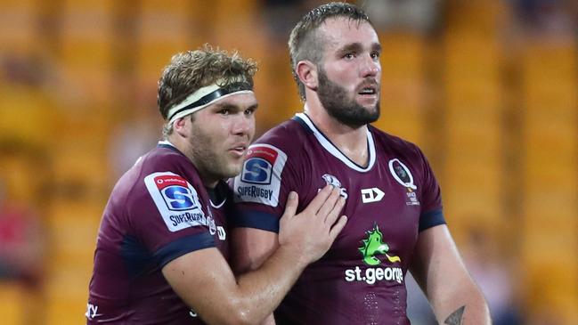 BRISBANE, AUSTRALIA - MAY 03: Angus Scott-Young and Izack Rodda of the Reds celebrate winning the round 12 Super Rugby match between the Reds and the Sunwolves at Suncorp Stadium on May 03, 2019 in Brisbane, Australia. (Photo by Chris Hyde/Getty Images for SUNWOLVES)