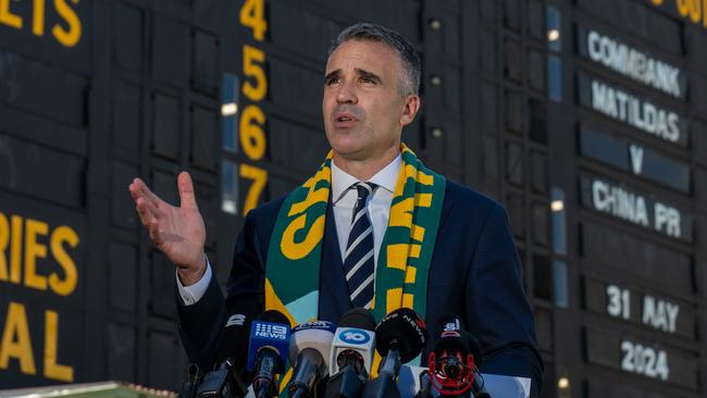 Premier Peter Malinauskas speaking at a press conference in front of the Adelaide Oval scoreboard in March. Picture: NCA NewsWire / Naomi Jellicoe