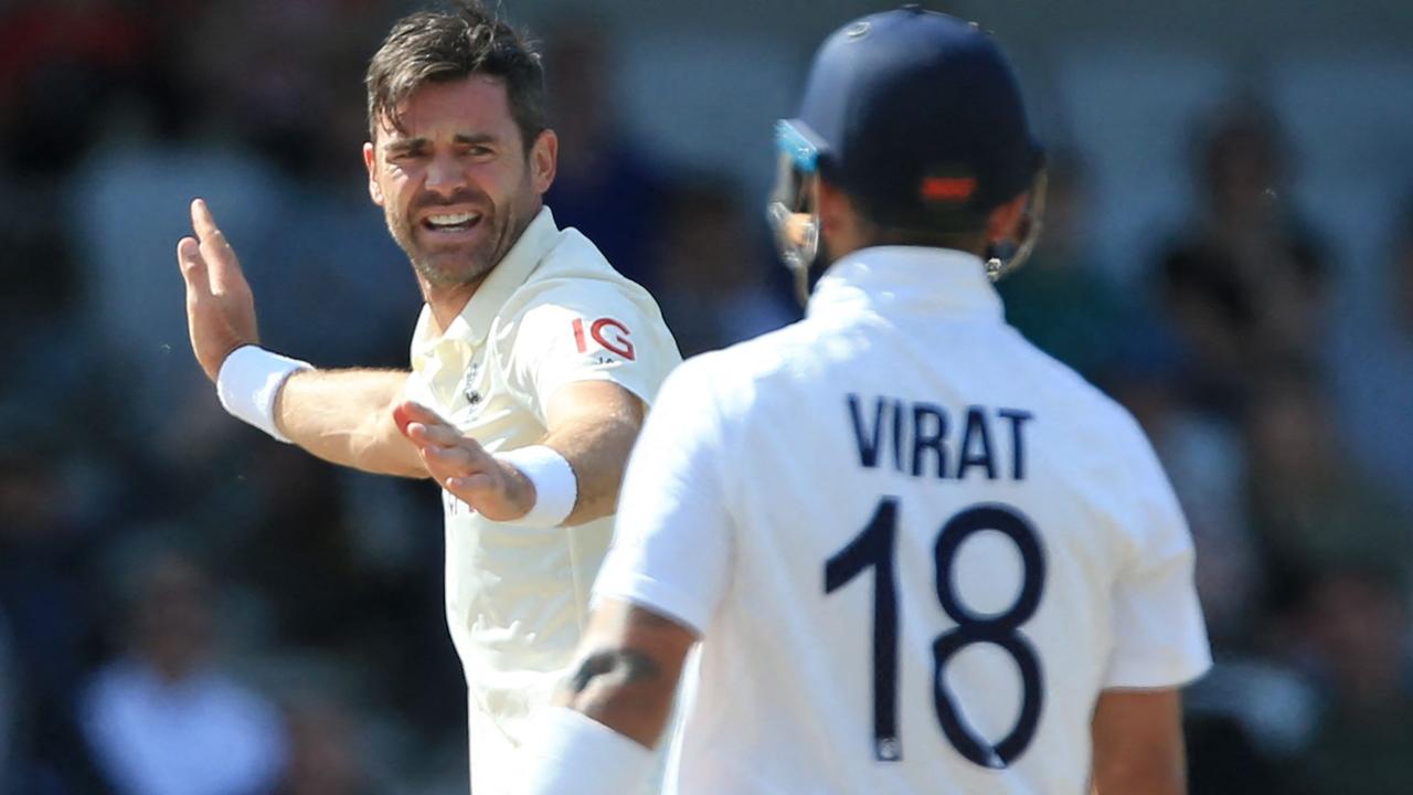 England's James Anderson reacts on the fourth day of the third cricket Test match between England and India at Headingley.