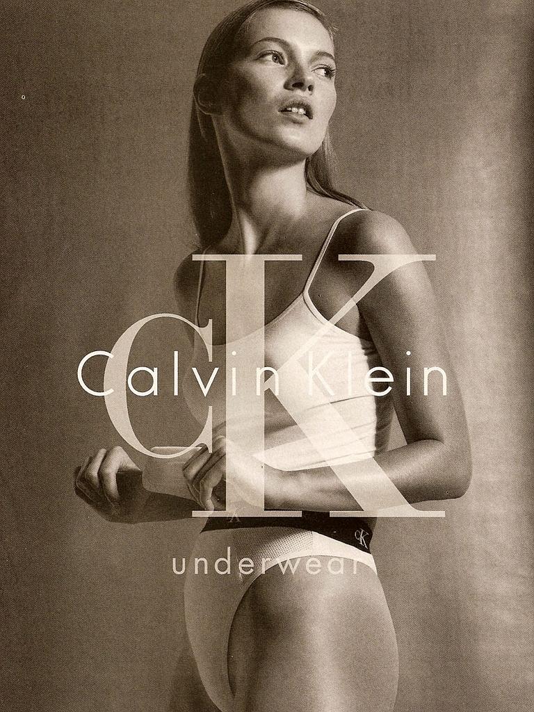 Model Kate Moss in Calvin Klein's 1997 underwear campaign. Picture: Calvin Klein