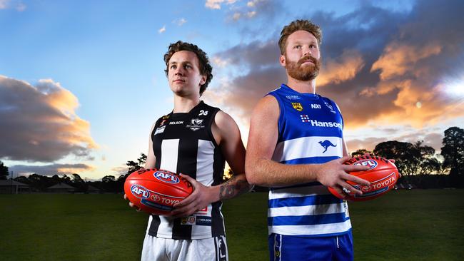 Cooper Nykamp of the Hahndorf Magpies and Ross Brooks of the Mount Barker Roos will play against each other in the annual Hills footy league Anzac Day Match on Sunday. Picture Mark Brake