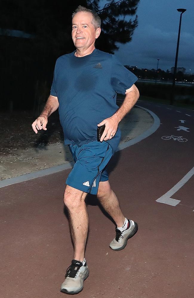 Opposition Leader Bill Shorten going for a morning run in Perth. Picture Kym Smith