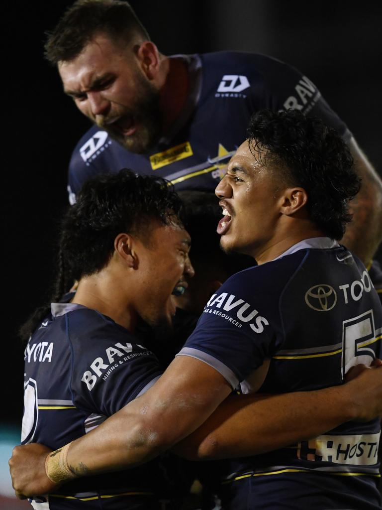 Cowboys celebrate during their win over the Sharks in week one of the finals. Picture: NRL Photos/Brett Costello