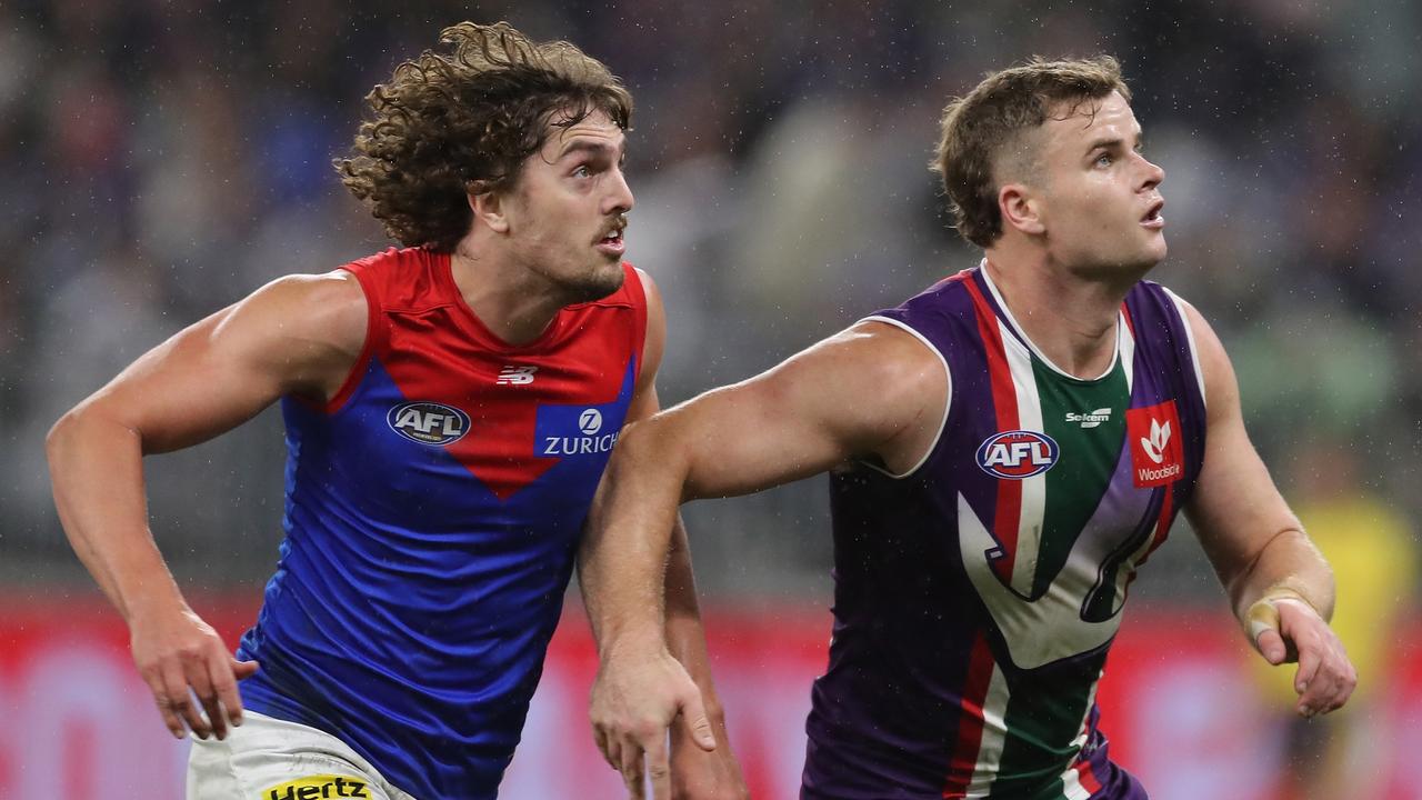 PERTH, AUSTRALIA - JULY 29: Luke Jackson of the Demons contests a ruck with Sean Darcy of the Dockers during the 2022 AFL Round 20 match between the Fremantle Dockers and the Melbourne Demons at Optus Stadium on July 29, 2022 in Perth, Australia. (Photo by Will Russell/AFL Photos via Getty Images)