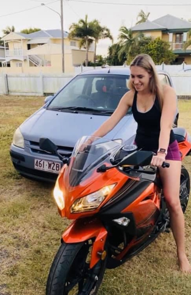 Jennifer Board on the motorcycle she was riding when she was struck and killed in Townsville on Friday. Speculation is mounting around the circumstances of her tragic passing.