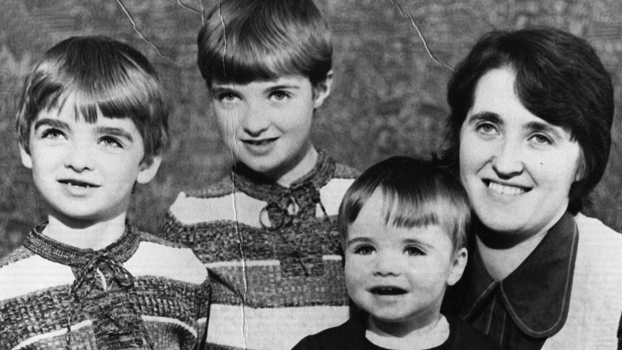 Family portrait of the Gallagher family in the mid 1970s from left to right Noel, Paul, Liam and Mother Peggy Gallagher. Picture: Getty