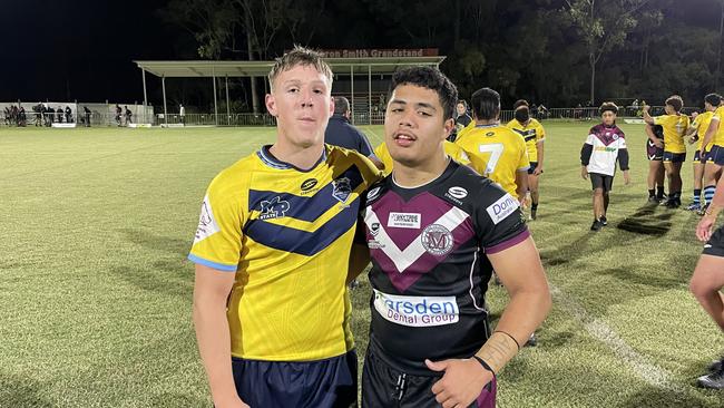 Mabel Park SHS second rower and try scorer Jamie Zaghini and Marsden SHS captain Chris Faagutu.