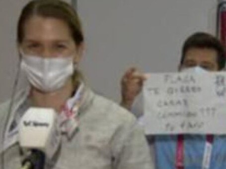 Argentine fencer Maria Belen Perez Maurice accepted a marriage proposal from her long-term partner and coach in front of television cameras. Picture: Supplied