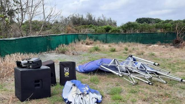 Speakers and lighting equipment left at Federation Walk at The Spit where doof parties are being staged.