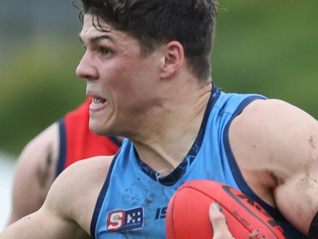 Tom Lewis from Sturt and Billy Frampton from the Crows during the Round 17 SANFL match between Sturt and Adelaide at Unley Oval in Adelaide, Saturday, August 19, 2023. (SANFL Image/David Mariuz)