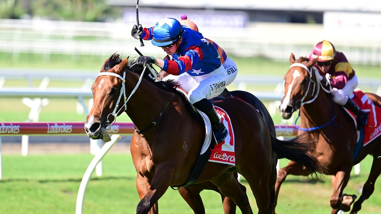 Supplied Editorial Rockhampton rocket Chinny Boom darts clear under jockey Ben Thompson
 to win at Doomben. Picture: Grant Peters - Trackside Photography