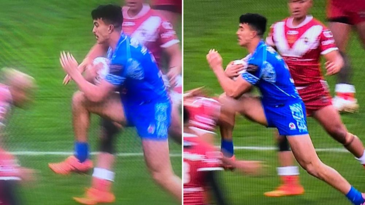 Still images showing Joseph Suaalii taking a high step into a tackle in the match against Tonga.