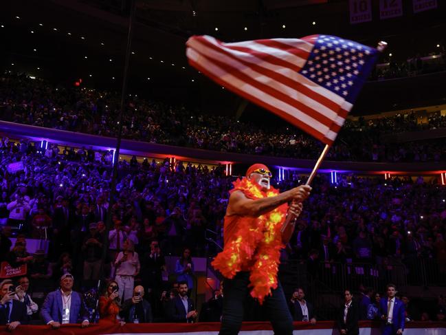 Hulk Hogan takes the stage at the campaign rally. Picture: Getty